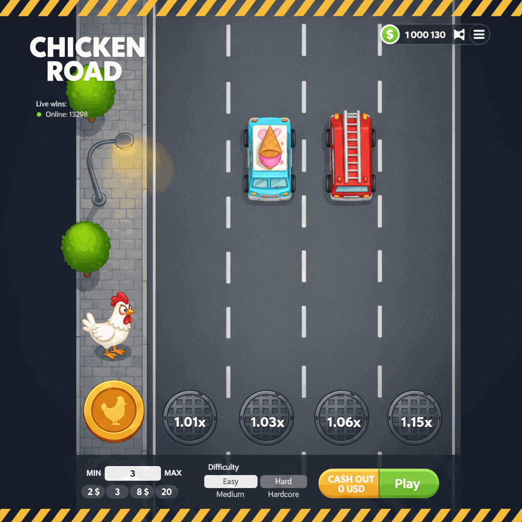 Chicken Road crash game di InOut: pollo bianco attraversa una strada a più corsie con automobili, moltiplicatori visibili su tombini nelle corsie, interfaccia arcade retrò con contatori di vincita e pulsanti di controllo